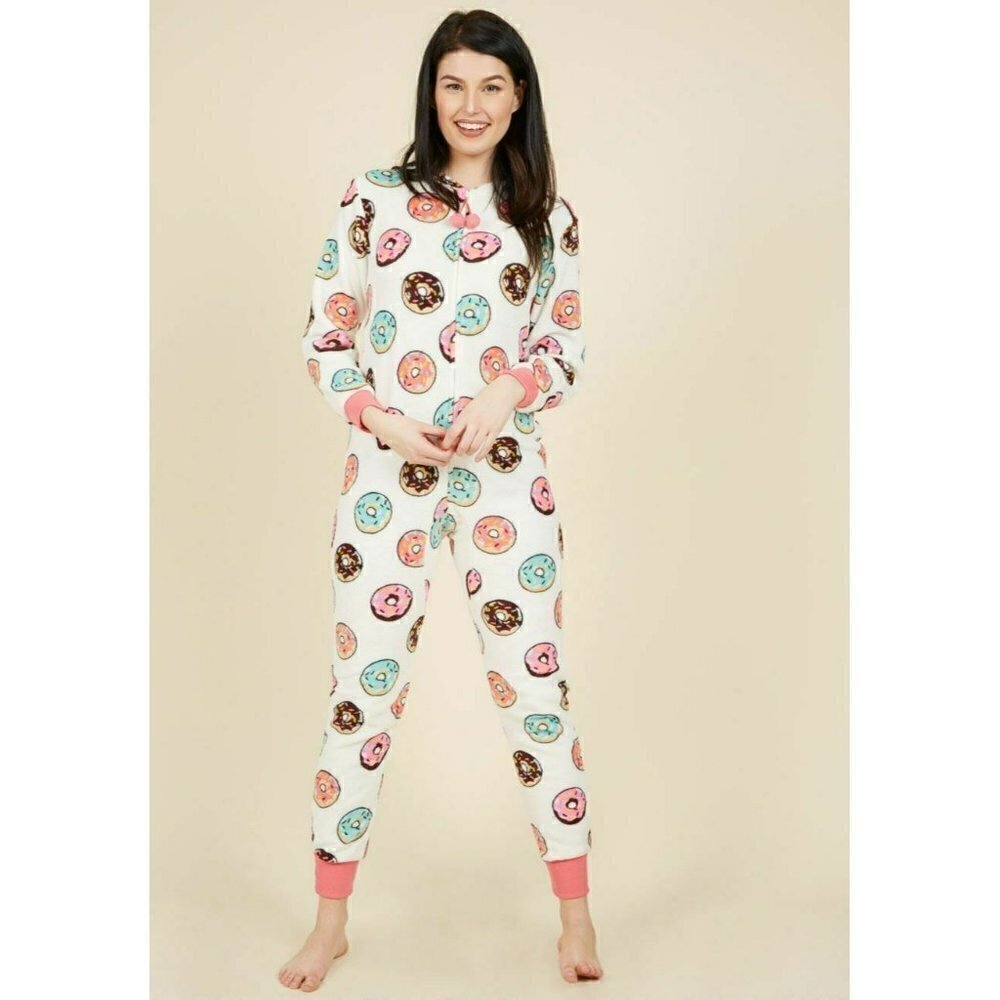 PJ Couture Womens L One Piece Zip Up Fleece Plush Pajamas Donuts Novelty Print